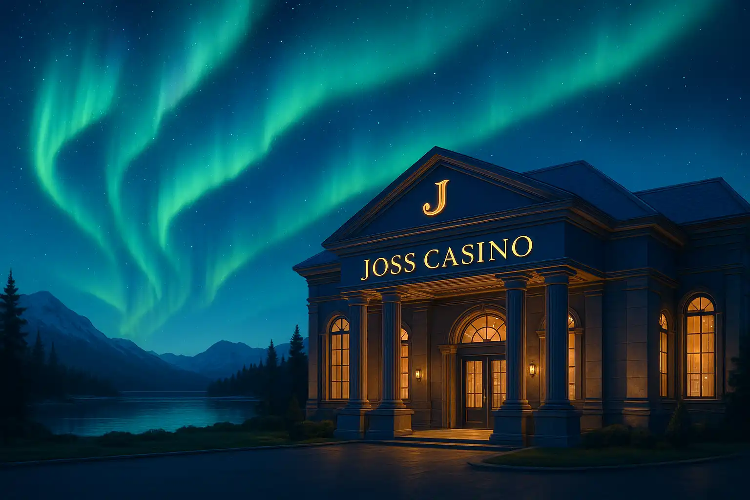 JossCasino brand identity glowing in sapphire and gold tones with northern lights aurora